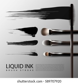 Beauty makeup realistic mascara concept with different brushes and liquid black strokes isolated vector illustration