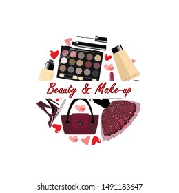 Beauty and make-up round badge. Fashion vector illustration.