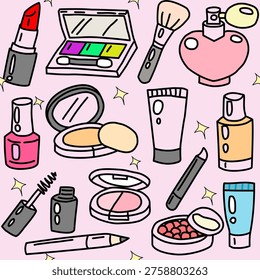 Beauty and makeup seamless pattern with hand-drawn cosmetics including lipstick, eyeshadow, perfume, and brushes on pink background.