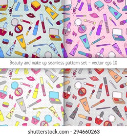 Beauty makeup set of four cosmetics fashion pattern background. Vector illustration.