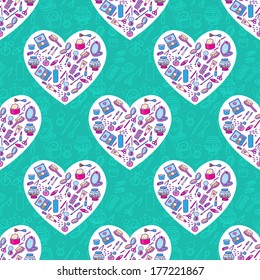 Beauty makeup set seamless fashion pattern background.