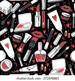 Beauty makeup set seamless fashion pattern background.