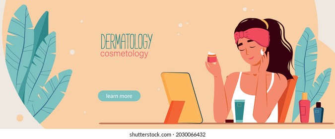 Beauty, makeup, skincare concept landing page. Young woman use cosmetic to look beautiful. Girl smears ointment on her face. Skin care, healthy skin, dermatology and cosmetology vector illustration.