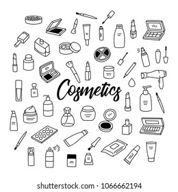 Beauty and makeup, skincare products, cosmetics hand drawn doodle icons with cream, lipstick, mascara, foundation, rouge, eyeshadow palette, nail polish, perfume, hair dryer.