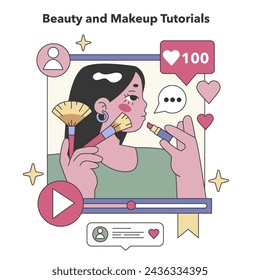 Beauty and Makeup Tutorials theme. Online cosmetic skill tutorials for beauty enthusiasts. Makeup application, style tips, personal grooming. Flat vector illustration.