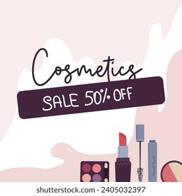 El concepto de pancarta de maquillaje de belleza vectorial. Venta cosmética en el estilo plano