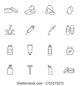 Beauty and makeup vector icons. Set of Cream, Serum drop and Face gel or lotion linear icons. Oil, Vitamin E and Collagen symbols.