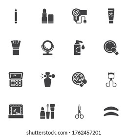 Beauty and makeup vector icons set, modern solid symbol collection, make-up cosmetic filled style pictogram pack. Signs logo illustration. Set includes icons - moisturizer cream, perfume bottle, brush