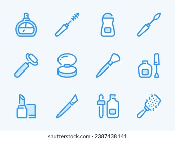 Beauty and Makeup vector line icons. Cosmetics and Personal Facial Care outline icon set. Perfume, Mascara, Nail Polish, Lipstick, Powder, Brushes and more.