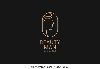 Beauty man faces a cosmetic shop logo. Golden Abstract vector template linear style on a black background