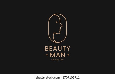 Beauty man Mode Kosmetikshop Logo. Golden Abstrakte Vektorillustration Vorlage, linear, auf schwarzem Hintergrund