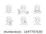Beauty Man Taking Care of his Facial Skin. Boy Shaving Beard and Stubble with Razor, Applying Shaving Foam and Lotion. Guy Making Skincare Procedures.  Flat Line Vector Illustration and Icons set.