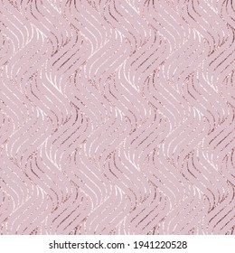 Beauty marble foil. Pink seamless pattern wavy line rose gold. Glam background. Elegant waves patern. Intricate pipple curly stripe. Contemporary swirl pattern. Design twist lines for prints. Vector 