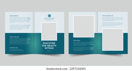 Plantilla de folleto biplicidad del mercado de belleza. Un diseño bidireccional limpio, moderno y de alta calidad. Folleto de plantillas editable y personalizado