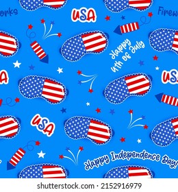 Beauty mask and fire crackers pattern design in USA colors - funny drawing seamless pattern. wallpaper, wrapping paper. Happy Independence Day. Red, white and blue