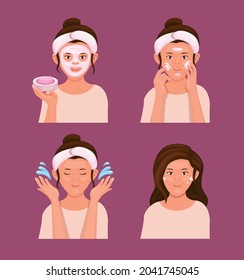 beauty mask skincare and face wash product instruction symbol character set illustration vector