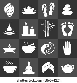 Beauty Massage Spa Icon Set - Bamboo, Feet, Meditation, Tea, Relax, Balance, Cosmetic Collection