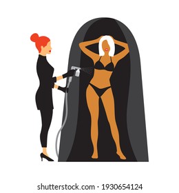 Beauty Master In A Black Suit Applying Tan Spray On A Woman's Body In A Protective Tent. Vector Illustration Of Auto Tanning Procedure