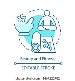 Beauty and meditation concept icon. Healthy lifestyle, natural cosmetics idea thin line illustration. Gym training, fitness, workout, yoga practice. Vector isolated outline drawing. Editable stroke