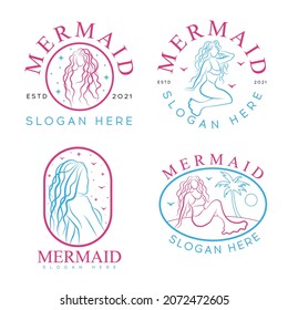 Beauty Mermaid logotype design.Girl,sea and palm. Mermaid Logo Vector Template. Siren and marine girl with a tail. Logo for beauty company.