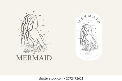 Beauty Mermaid logotype design.Girl,sea and palm. Mermaid Logo Vector Template. Logo for beauty company.