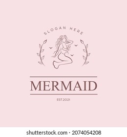 Beauty Mermaid logotype design.Girl,sea and palm. Mermaid Logo Vector Template. Siren and marine girl with a tail. Logo for beauty company.