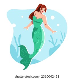 beauty mermaid in the sea. Isolated on sea ​​background, marine plants, seaweed.  cartoon flat vector illustration.
