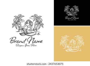  A beauty mermaid is sitting on the beach, and two palm trees are growing near her, illustration set logo