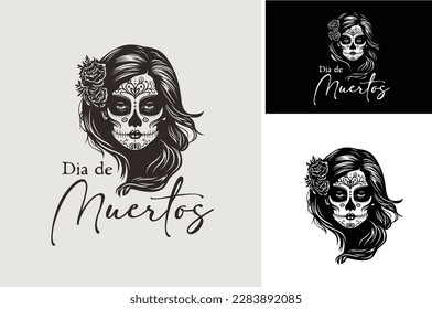 Beauty Mexican Woman Face with Sugar Skull Make Up Drawing for Día de los Muertos Mexico Day of the Dead illustration logo design