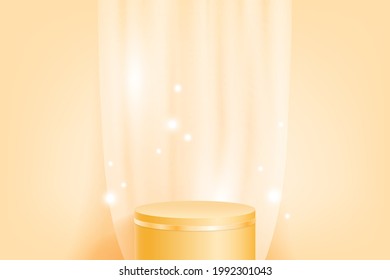 Beauty Minimal Cylinder Podium with white curtain in yellow background for beauty, fashion, skin care, health care product display.