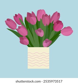 Beauty minimalist aesthetic blooming pink red tulip flower in white pot. vector illustration design for interior element design