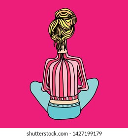 Beauty modern woman with long hairstyle sits back. Vector illustration.