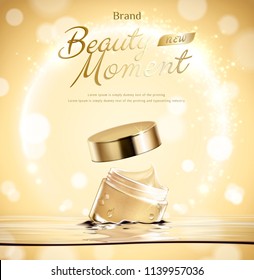 Beauty moment cream jar float in water on golden glittering background in 3d illustration