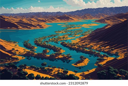 The beauty of a mountain river in the mountains, illustrated in a mesmerizing vector artwork.