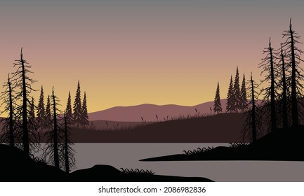 The beauty of the mountains view from the riverbank at dusk with the silhouette of dry trees around it. Vector illustration of a city