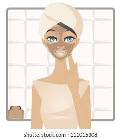 Beauty with mud face-mask : a vector illustration of young girl applying a mud mask on her face