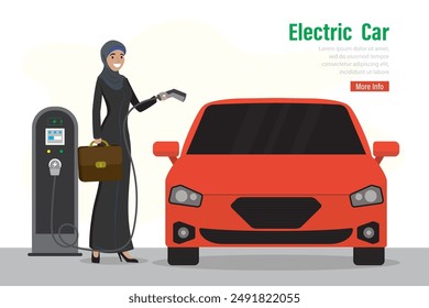 Belleza mujer musulmana en ropa tradicional cargando un vehículo eléctrico desde la estación de carga. Coche moderno y empresaria árabe aislado sobre fondo blanco. Ilustración vectorial plana