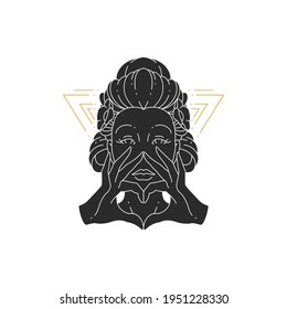 Beauty mystic female portrait with hands showing heart silhouette. Magic woman vector illustration for wall art poster print template. Spiritual women concept design.