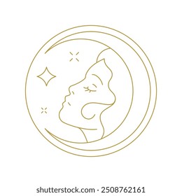 Mulher mística de beleza rosto com estrela crescente minúsculo ilustração vetor ícone de arte de linha de ouro. Mitologia sonho feminino retrato círculo lua monocromático logotipo zen meditação spa coiffure cosmética marca