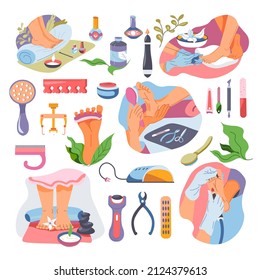 Beauty and nail care and treatment in spa salon by professional manicurists. Isolated equipment, scissors and polishes, brushes and dividers. Relaxation and wellness for women. Vector in flat
