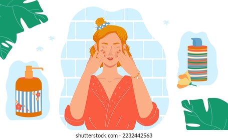 Beauty natural care concept, vector illustration, flat girl character in mirror make face skin treatment at home, body lotion cream at bottle design.