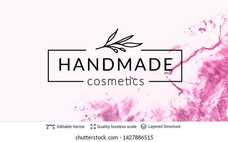 Beauty natural organic handmade cosmetics logo design. Marble texture and text. Editable vector background template.