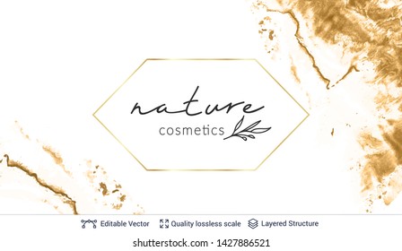 Beauty natural organic handmade cosmetics logo design. Marble texture and text. Editable vector background template.