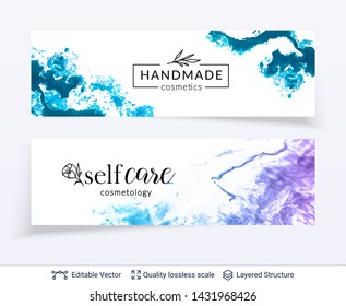 Beauty natural organic handmade cosmetics logo design. Marble texture and text. Set of editable vector banner templates.