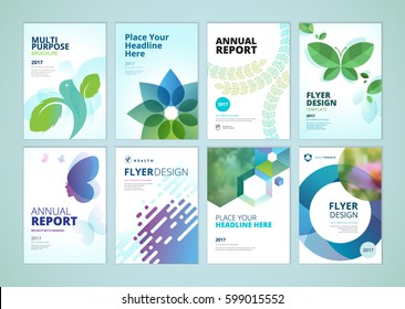 Beauty and natural products brochure cover design and flyer layout templates collection. Vector illustrations for marketing material, ads and magazine, product presentation templates.