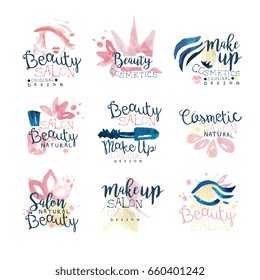Beauty natural salon logo design, set of colorful hand drawn watercolor Illustrations