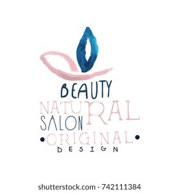 Beauty natural salon logo original design, label for hair or beauty studio, cosmetics shop, spa center watercolor vector Illustration