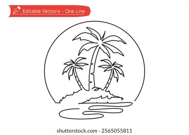 Beauty in nature of beach. One continuous line of beach image, coconut tree and circle frame as icon, symbol, of sea tourism destination during sunset or sunrise. One line beach illustration vector.