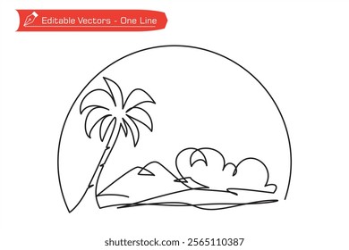 Beauty in nature of beach. One continuous line of beach, coconut trees, cloudy mountains. Vector illustration of one line beach image with circle as symbol or icon of Sunset, sunrise on the beach.