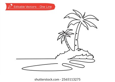 Beauty in nature of beach. One continuous line drawing of an island with coconut trees on beach. Vector illustration of one line drawing of beach, and coconut trees on island as symbol of vacation.